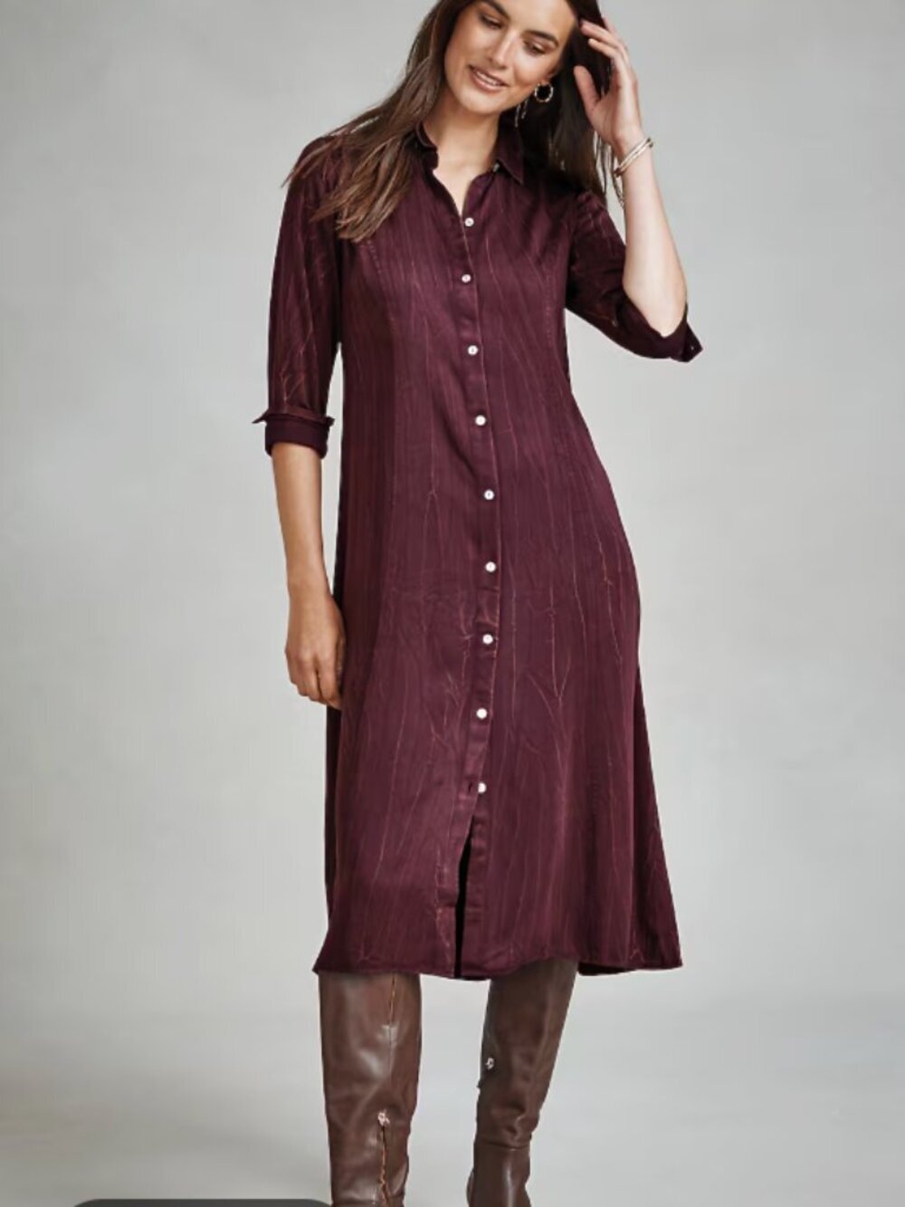 J Jill Burgundy Lava Dyed Shirt Dress 2X Long Sleeve Button Front Collared Midi
